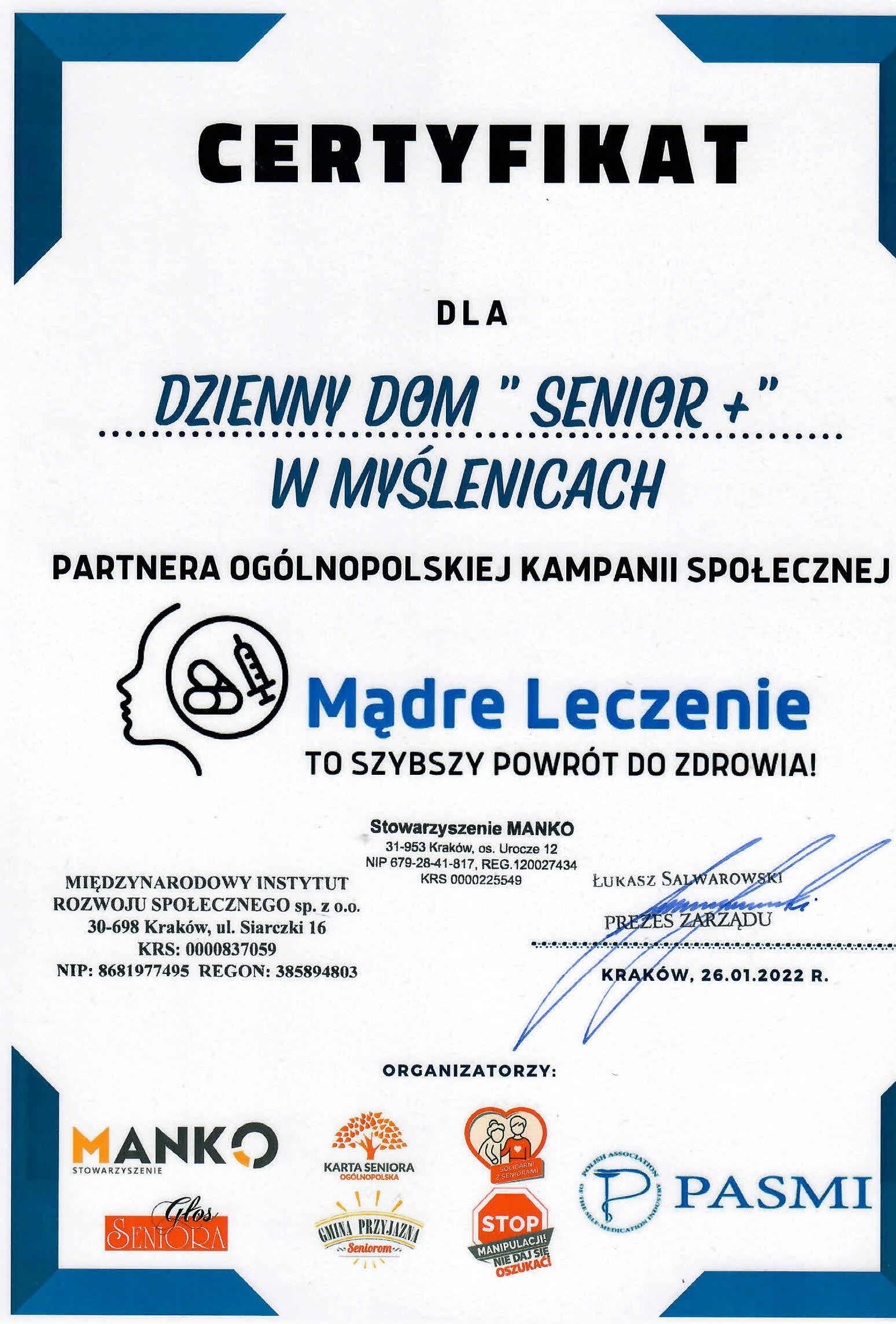 Certyfikat dla DDS Senior +